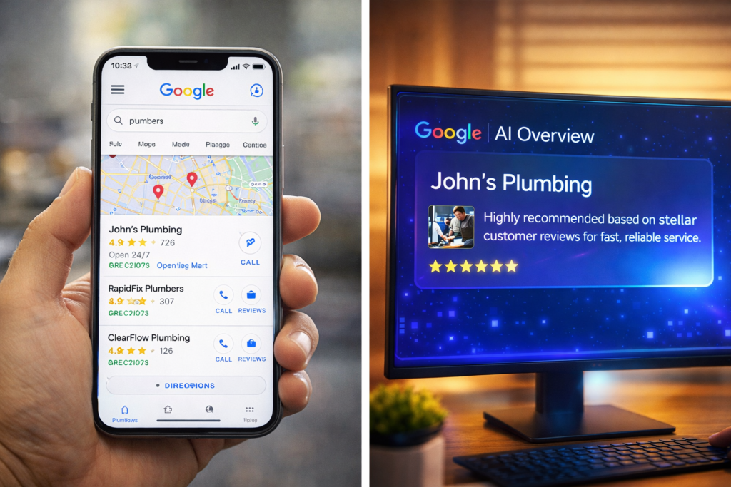A split-screen visual showing a business dominating both the traditional Google Map Pack and a modern AI Overview recommendation because of strong customer reviews.