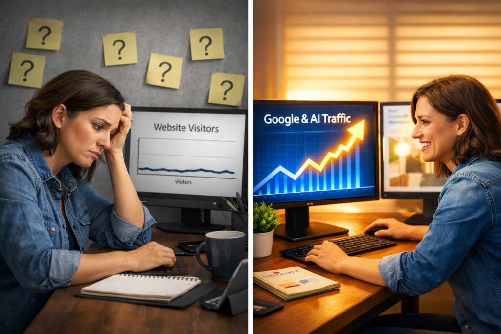 Split screen photo showing stressed business owner looking at confusing traffic data versus happy business owner looking at video engagement and revenue growth.