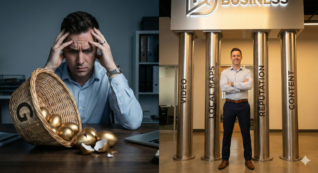 A split-screen showing the danger of putting all your marketing eggs in one Google basket versus the security of a multi-pillar marketing strategy.