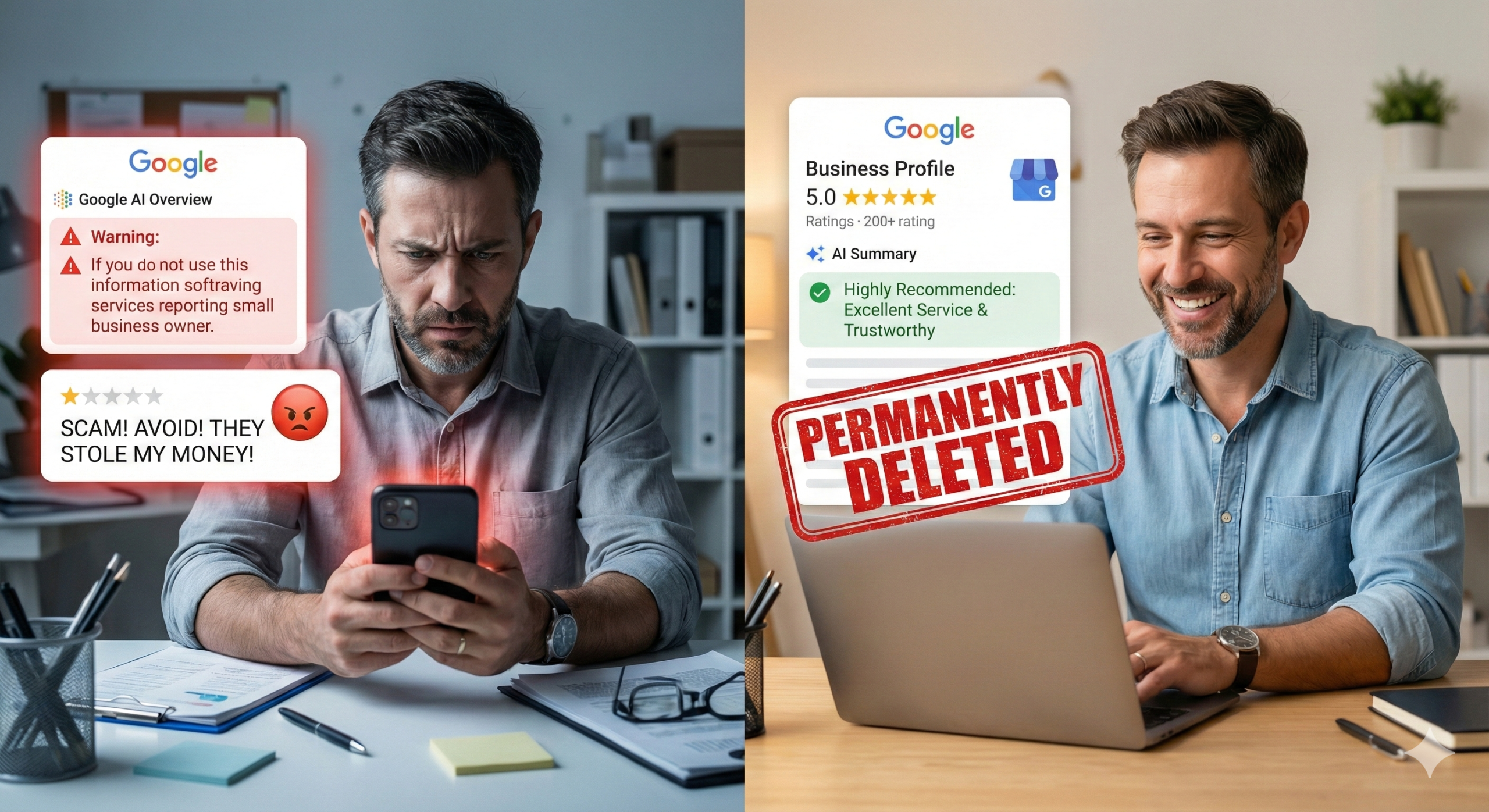 A split-screen showing the stress of an AI Overview highlighting a fake negative review versus the relief of having that bad review permanently deleted by a professional removal service.
