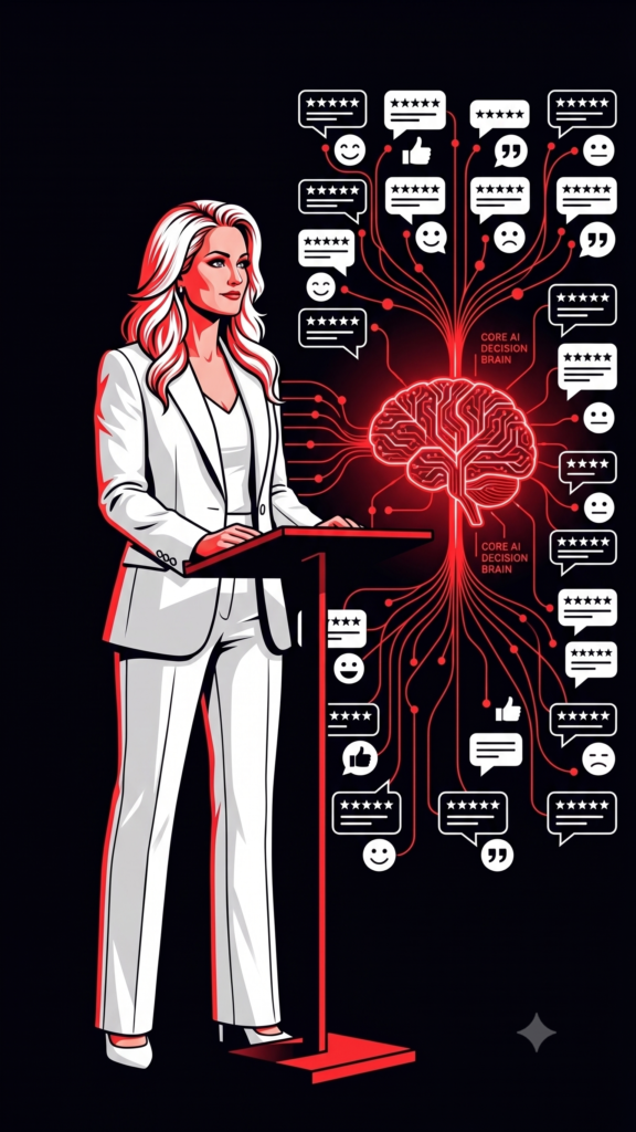 A sleek, high-contrast digital graphic featuring a stark red, black, and white color palette. In the center, a stylized AI neural network node glows in bright red, surrounded by a grid of crisp white review stars and customer sentiment bubbles on a deep black background. A subtle data stream connects the review nodes directly to the core AI brain, symbolizing how social proof feeds algorithmic decisions.