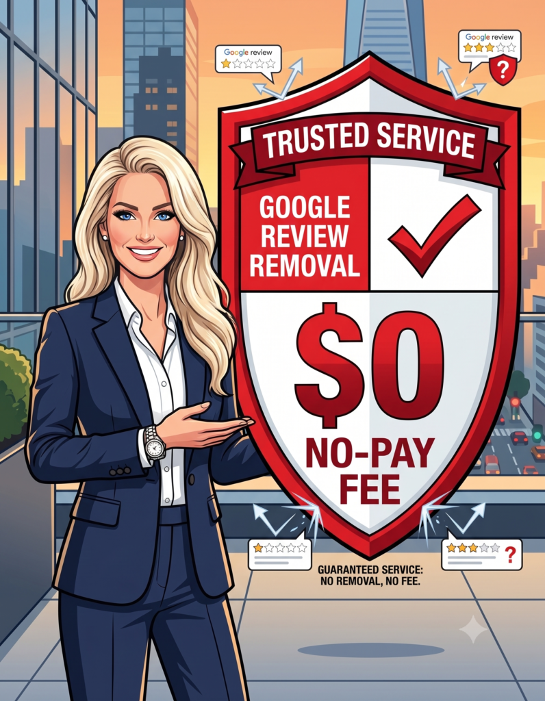 Illustration of a red and white security shield demonstrating a no-pay guarantee for Google review removal services.