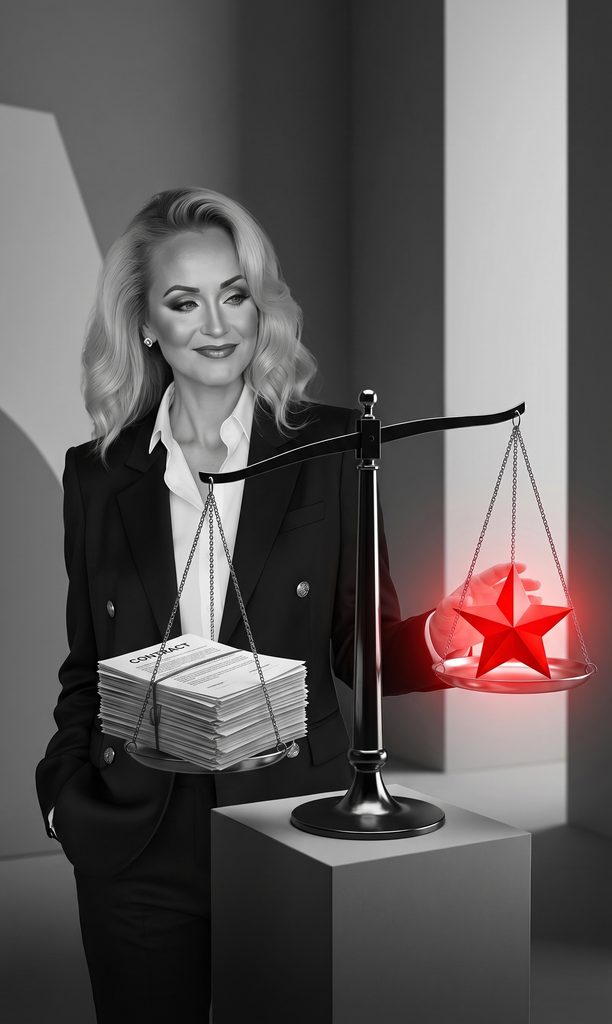 alt="Black and white scale balancing a red star and business contracts"