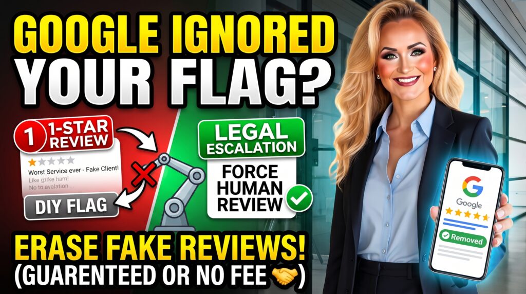 Vibrant red stamp representing professional review removal hitting a fake one-star business rating.