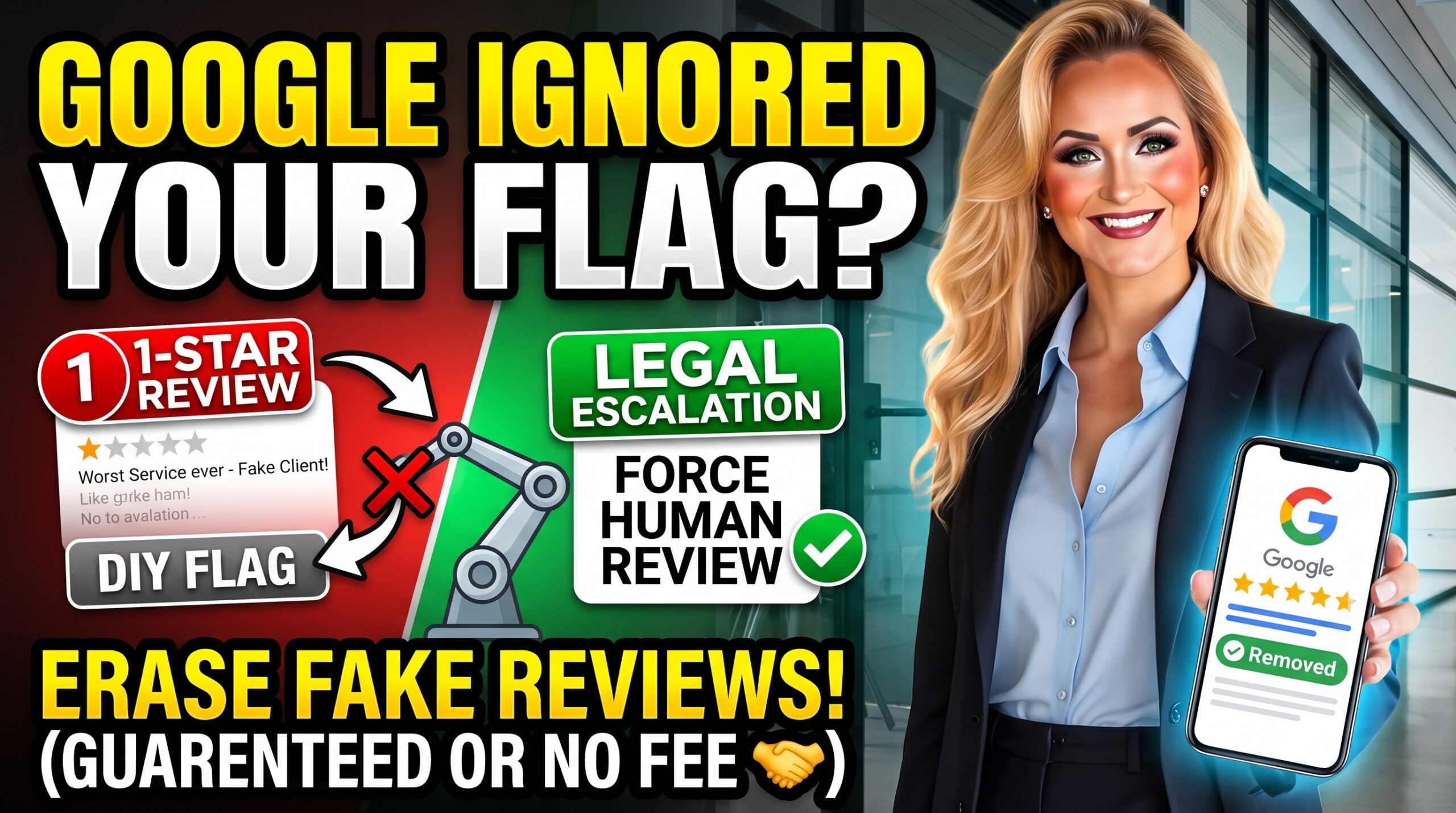 Vibrant red stamp representing professional review removal hitting a fake one-star business rating.